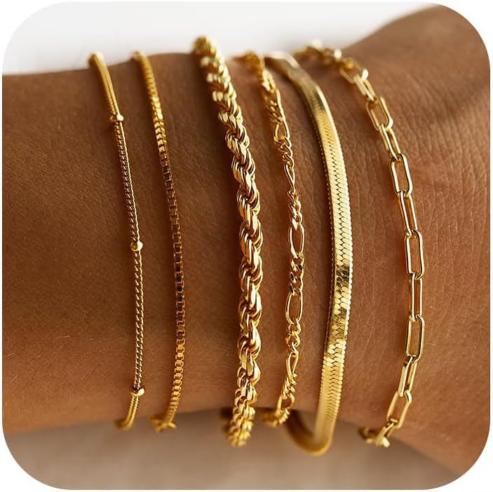 Women's 14K Gold Plated Waterproof Bracelet Set - Trendy Thin Dainty Stackable Cuban Link and Paperclip Chain Fashion Accessories Gift Pack