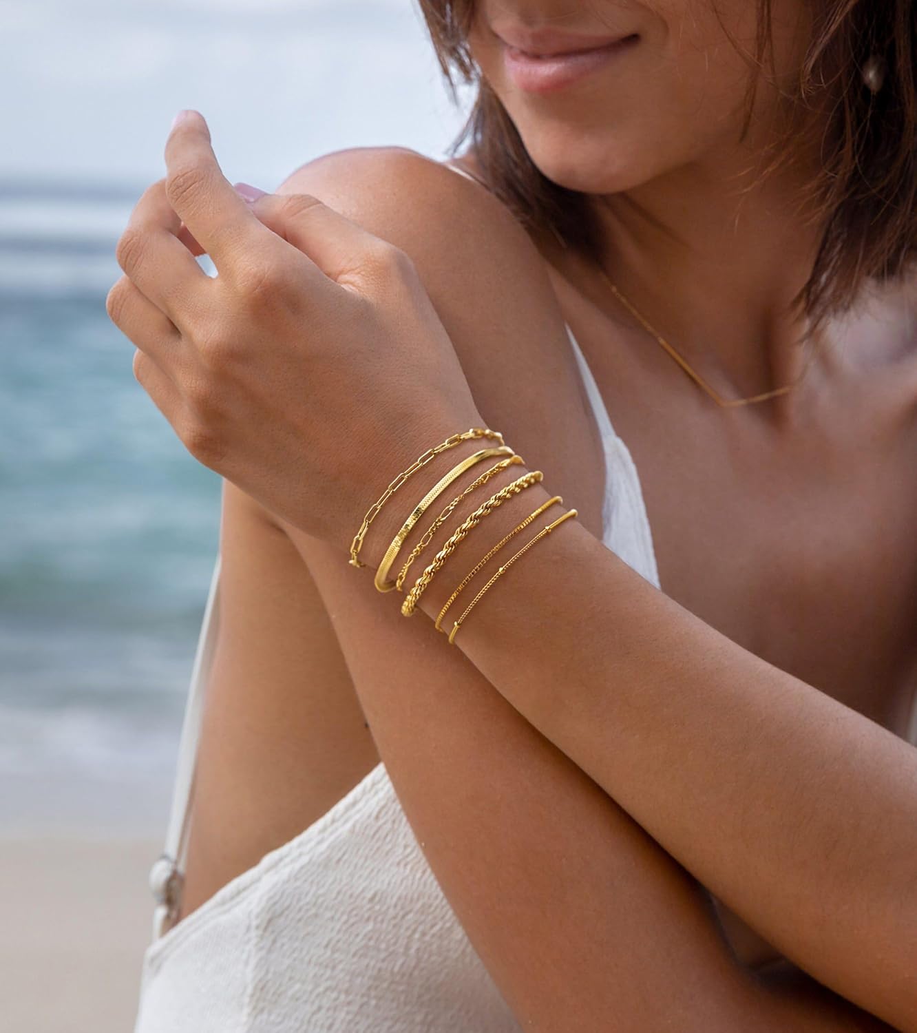 Women's 14K Gold Plated Waterproof Bracelet Set - Trendy Thin Dainty Stackable Cuban Link and Paperclip Chain Fashion Accessories Gift Pack