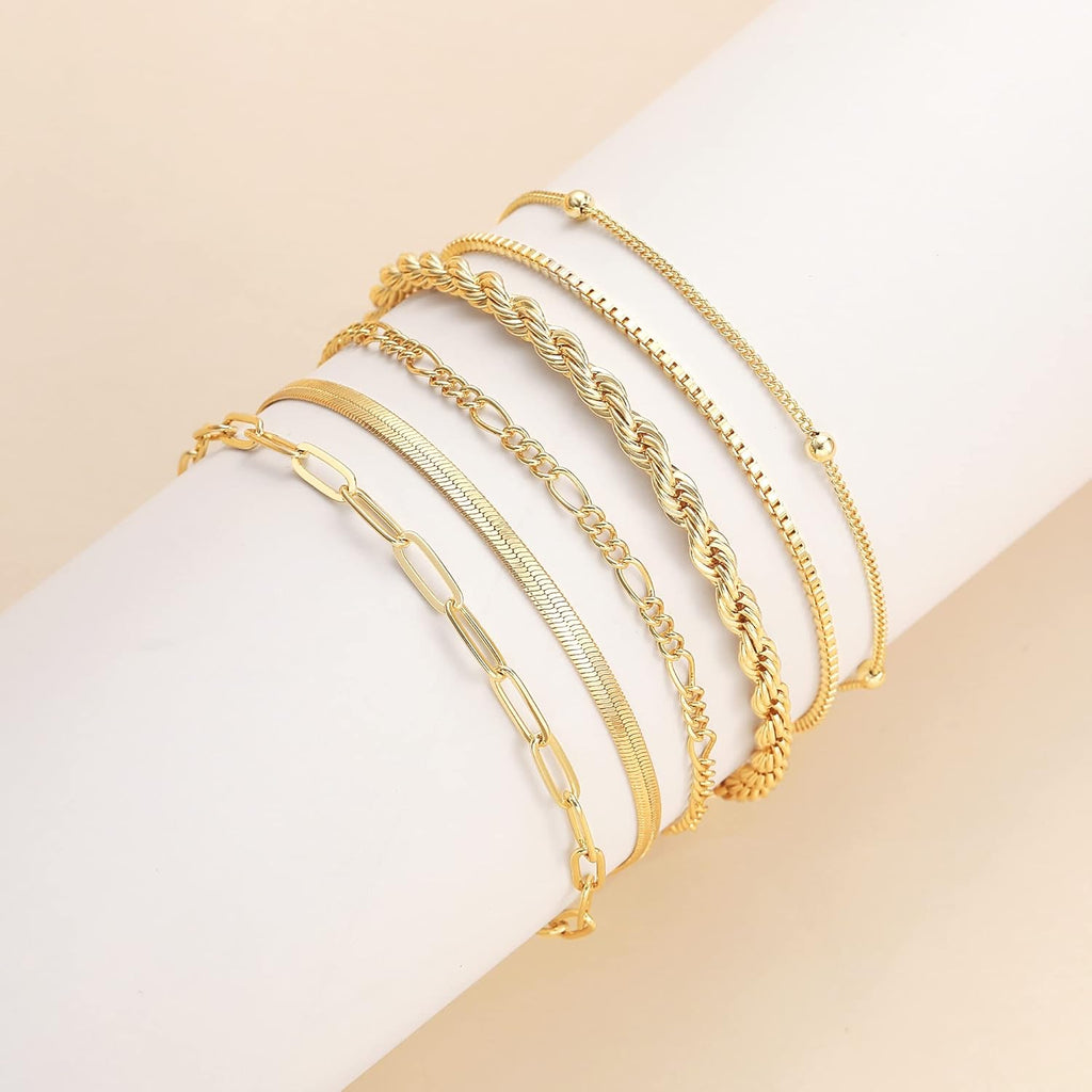Women's 14K Gold Plated Waterproof Bracelet Set - Trendy Thin Dainty Stackable Cuban Link and Paperclip Chain Fashion Accessories Gift Pack