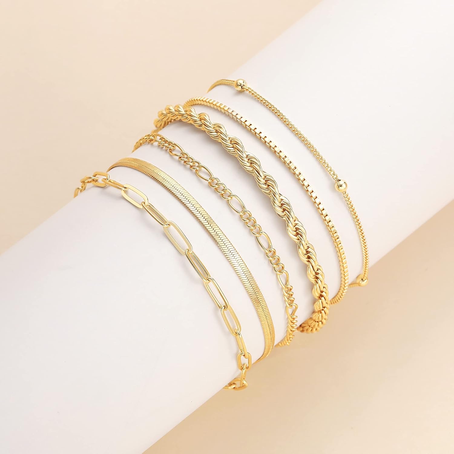 Women's 14K Gold Plated Waterproof Bracelet Set - Trendy Thin Dainty Stackable Cuban Link and Paperclip Chain Fashion Accessories Gift Pack