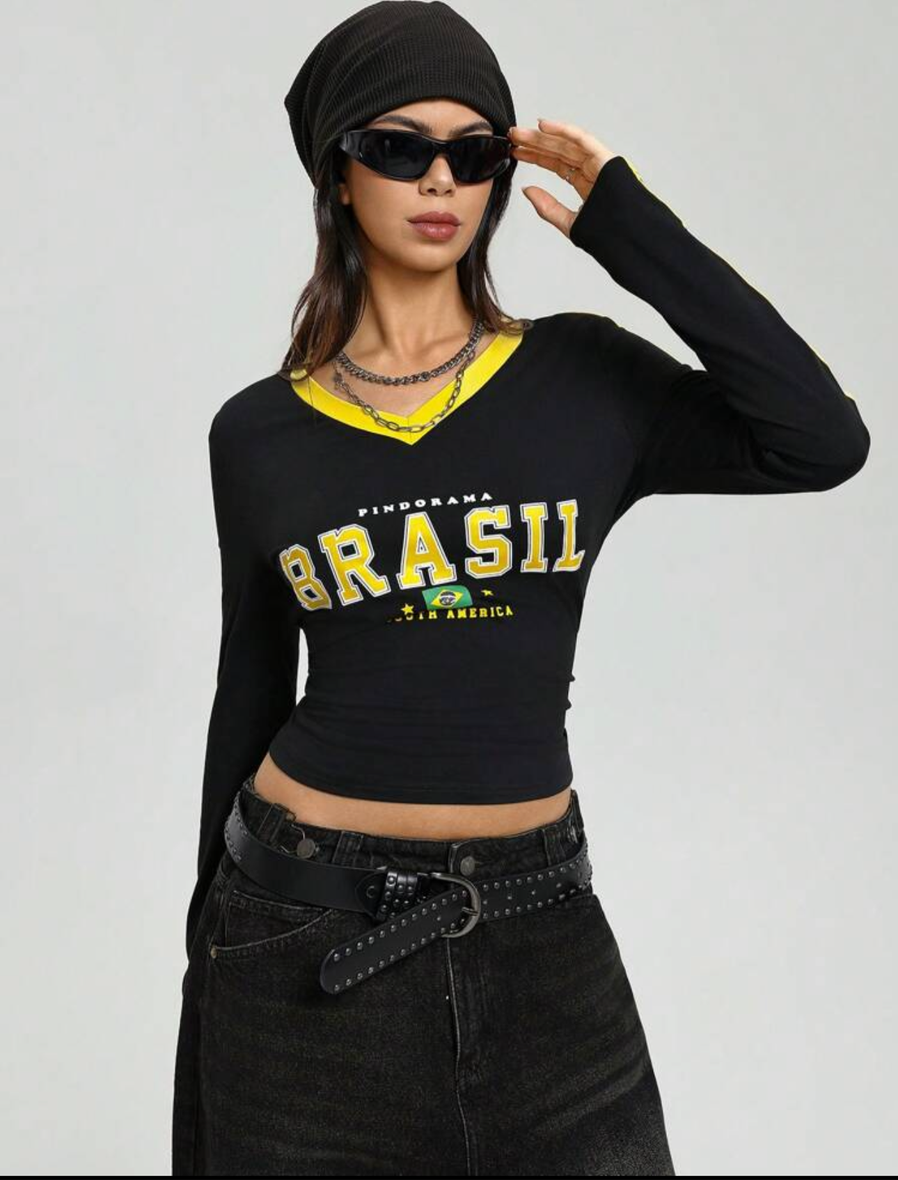 Women V Neck Brazil Print Long Sleeve Casual T-Shirt