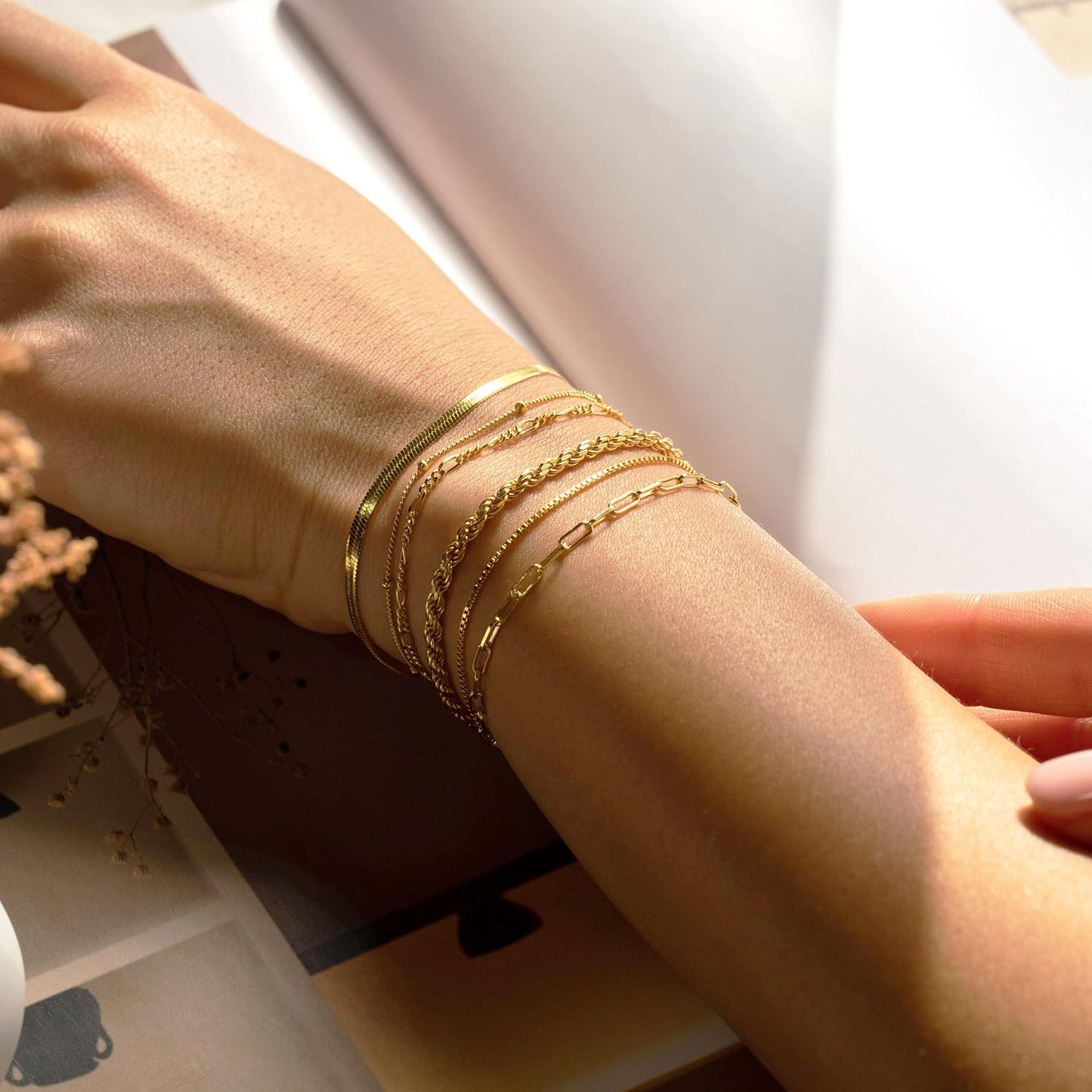 Women's 14K Gold Plated Waterproof Bracelet Set - Trendy Thin Dainty Stackable Cuban Link and Paperclip Chain Fashion Accessories Gift Pack