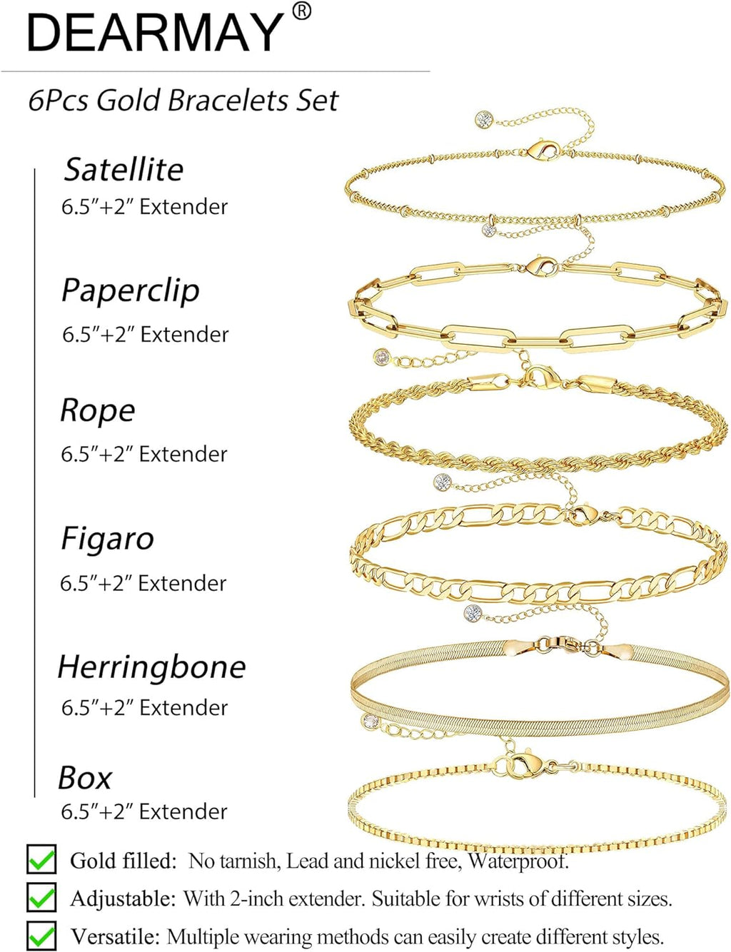 Women's 14K Gold Plated Waterproof Bracelet Set - Trendy Thin Dainty Stackable Cuban Link and Paperclip Chain Fashion Accessories Gift Pack