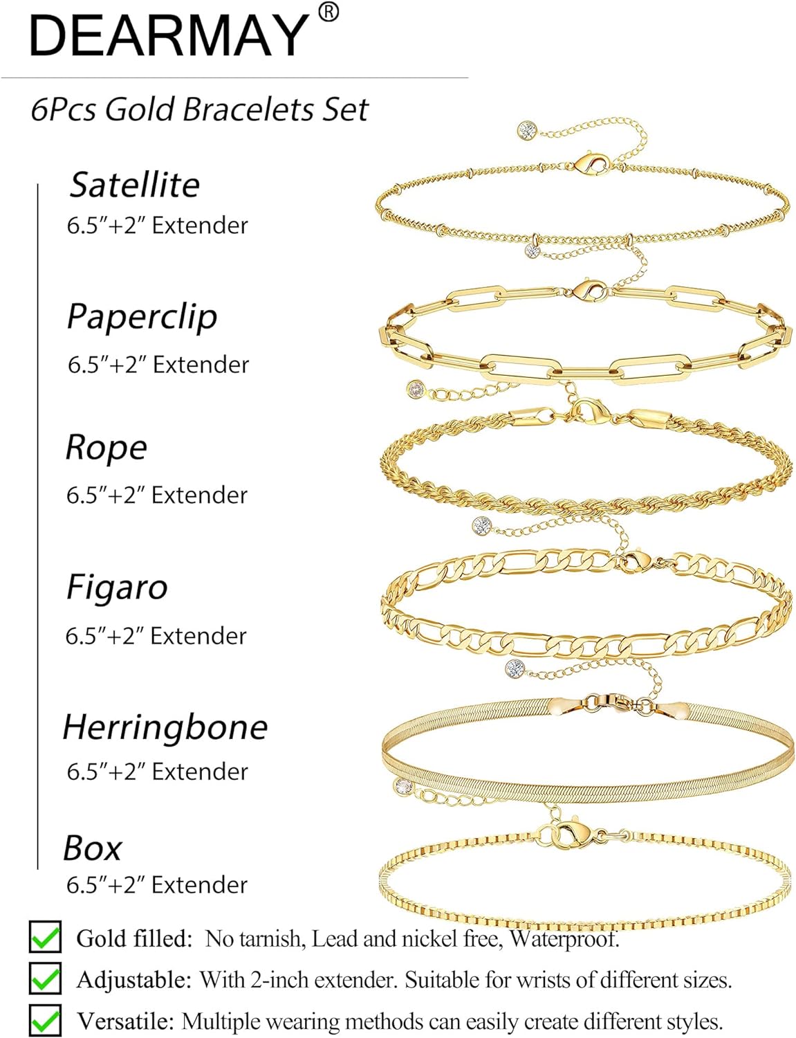Women's 14K Gold Plated Waterproof Bracelet Set - Trendy Thin Dainty Stackable Cuban Link and Paperclip Chain Fashion Accessories Gift Pack