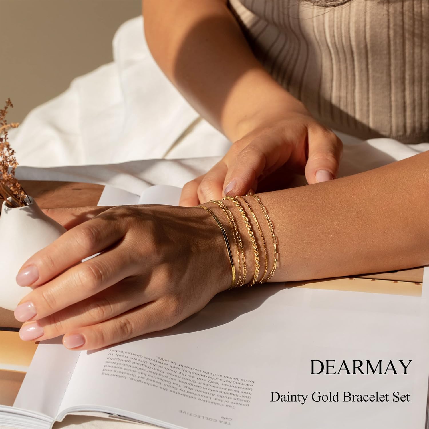 Women's 14K Gold Plated Waterproof Bracelet Set - Trendy Thin Dainty Stackable Cuban Link and Paperclip Chain Fashion Accessories Gift Pack
