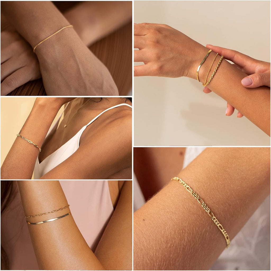 Women's 14K Gold Plated Waterproof Bracelet Set - Trendy Thin Dainty Stackable Cuban Link and Paperclip Chain Fashion Accessories Gift Pack