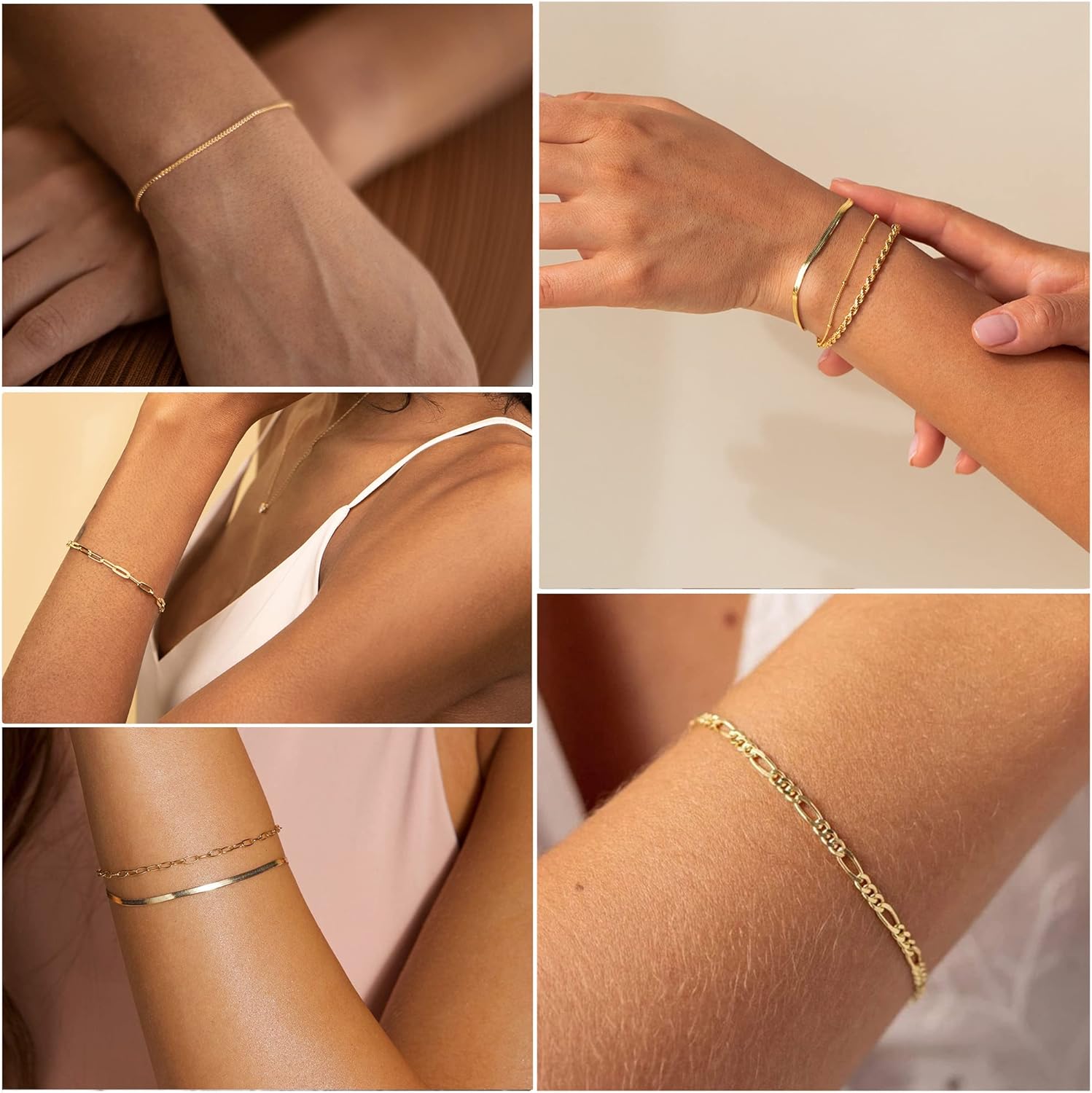 Women's 14K Gold Plated Waterproof Bracelet Set - Trendy Thin Dainty Stackable Cuban Link and Paperclip Chain Fashion Accessories Gift Pack