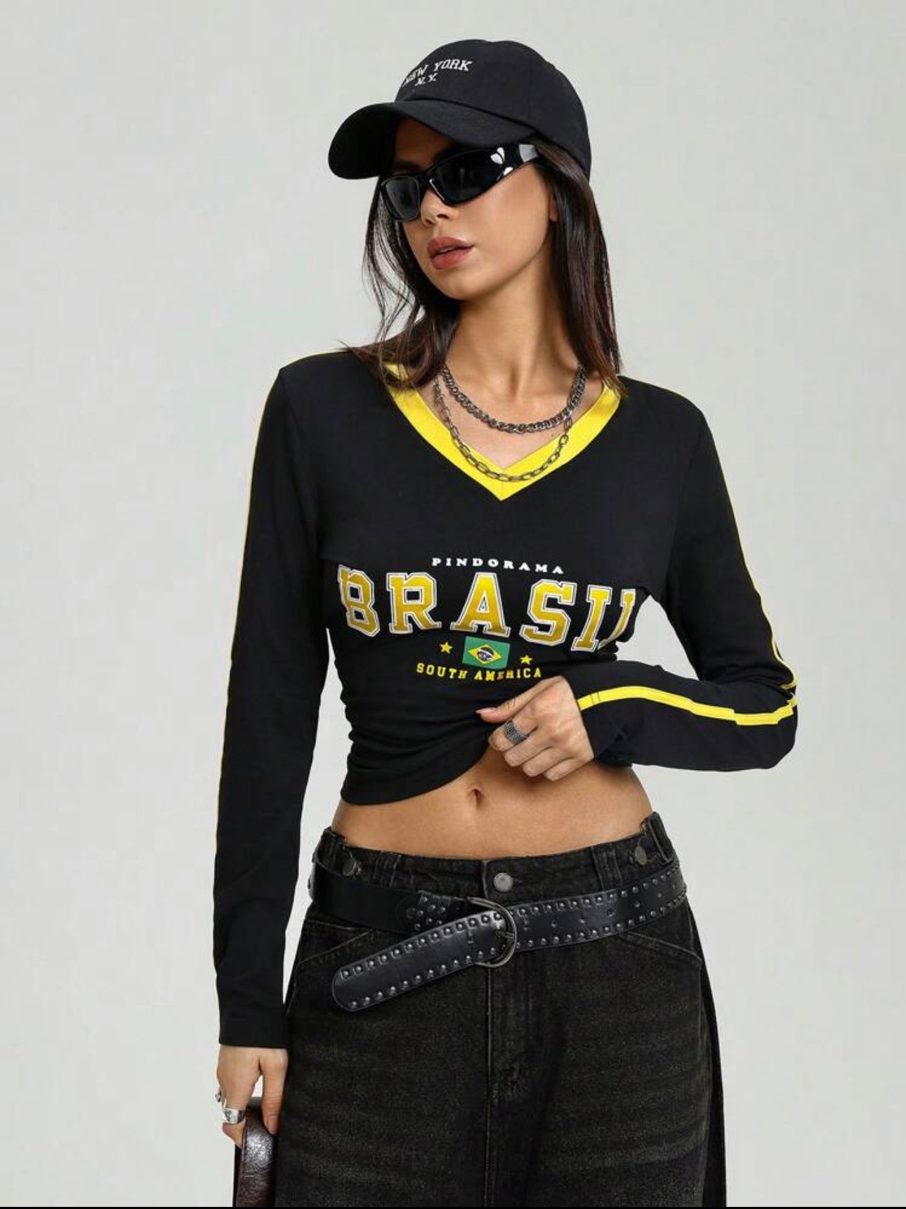 Women V Neck Brazil Print Long Sleeve Casual T-Shirt