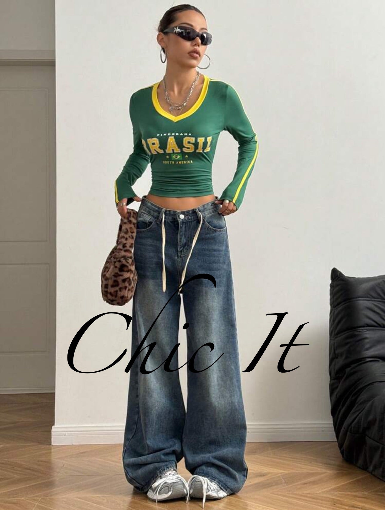 Women V Neck Brazil Print Long Sleeve Casual T-Shirt
