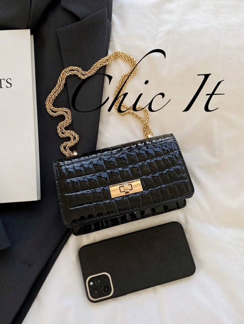 Chic It Faux Leather Solid Color Crocodile Embossed Mini Chain Strap Shoulder Bag