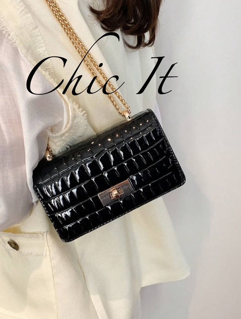 Chic It Faux Leather Solid Color Crocodile Embossed Mini Chain Strap Shoulder Bag