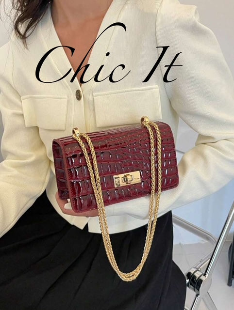 Chic It Faux Leather Solid Color Crocodile Embossed Mini Chain Strap Shoulder Bag