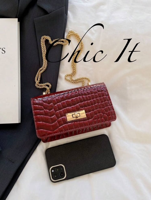 Chic It Faux Leather Solid Color Crocodile Embossed Mini Chain Strap Shoulder Bag